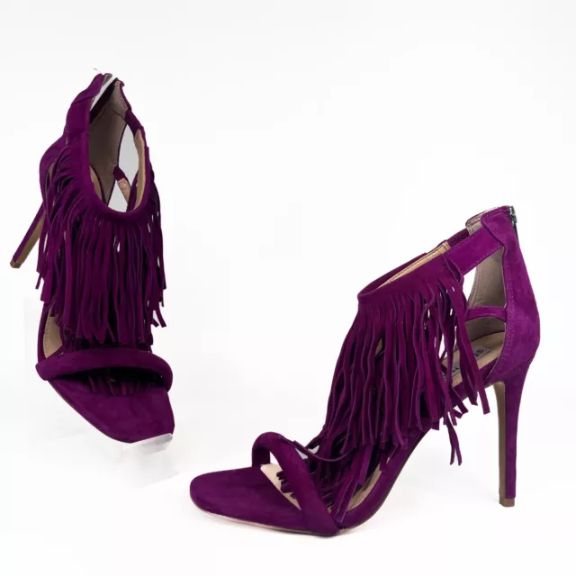 Steve Madden Fringly Sz 10 Purple Suede Fringe Strappy Zip Stiletto Heel Chic