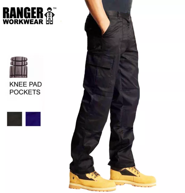 Mens Black Cargo Combat Work Trousers Size 30 to 40 & KNEE PAD POCKETS - RANGER