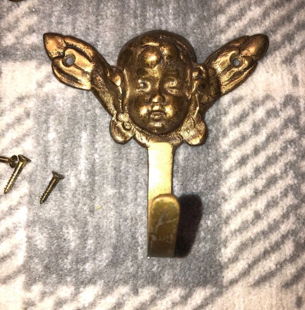 Vintage Brass Cherub Angel Bust w/Wings  Wall hook for Coat, Key, Hat, Towel