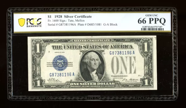 DBR 1928 $1 Silver Gem Fr. 1600 GA Block PCGS-B 66 PPQ Serial G87381196A