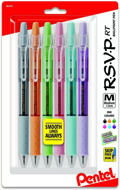 NEW Pentel 6-Pk RSVP RT Pastel Barrel Retractable Ballpoint Pens 1.0mm BK93FBP6M