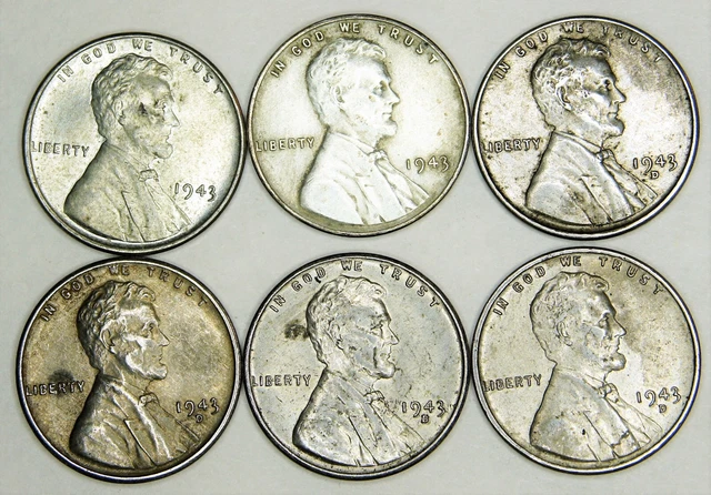 1943 D & P Lincoln Steel Wheat Cent Penny Set - 6 coin set