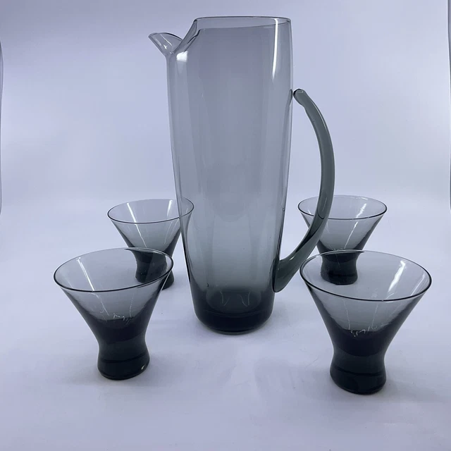 Vintage Morgantown Glass Martini Cocktail Pitcher with 5 oz Glasses- Smoke -Mint