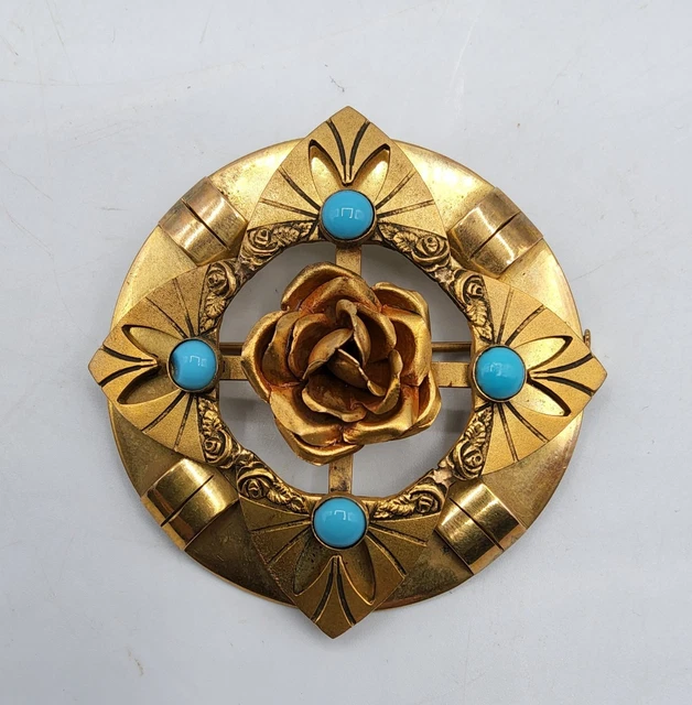 Broche Fantaisie Guitare En Laiton Et Mosaïque De Verre | Bijou Vintage Floral XXème Siècle