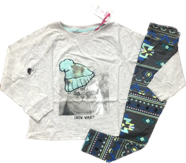 NWT JUSTICE GIRLS size 10 OUTFIT-GRAY PUFFY GRAPHIC KITTY TEE/PATTERN LEGGINGS