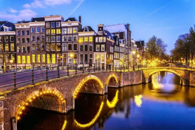 AMSTERDAM CANAL NIGHT SKYLINE GLOSSY POSTER PICTURE PHOTO PRINT netherlands 3496