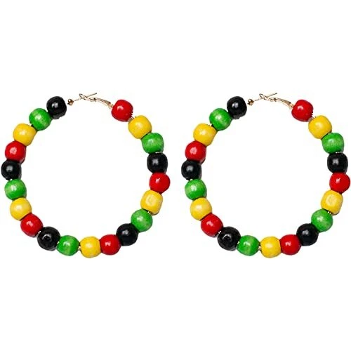 Big Wooden Hoop Reggae Rasta African Beads Earrings for Women