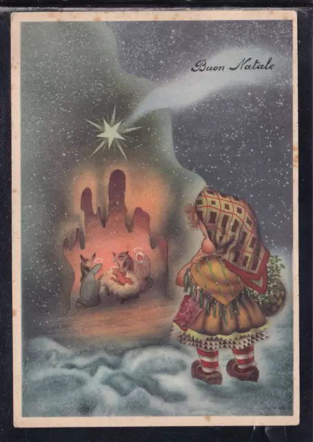 Cartolina Buon Natale Bambina Presepe Z1348