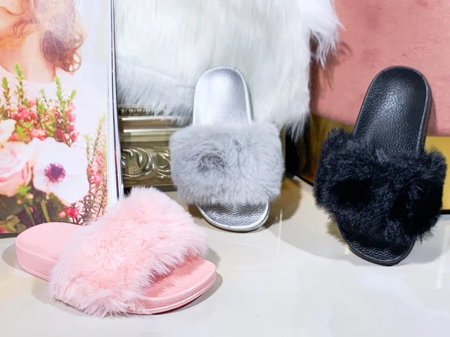 GIRLS FURRY SLIPPERS Kids Sliders Children Fluffy Fur Mule Flip