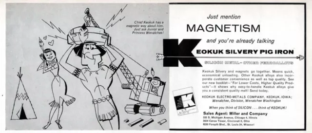 Keokuk Iowa Silvery Pig Iron CARTOON INDIANS Magnetism 1959 Magazine Print Ad