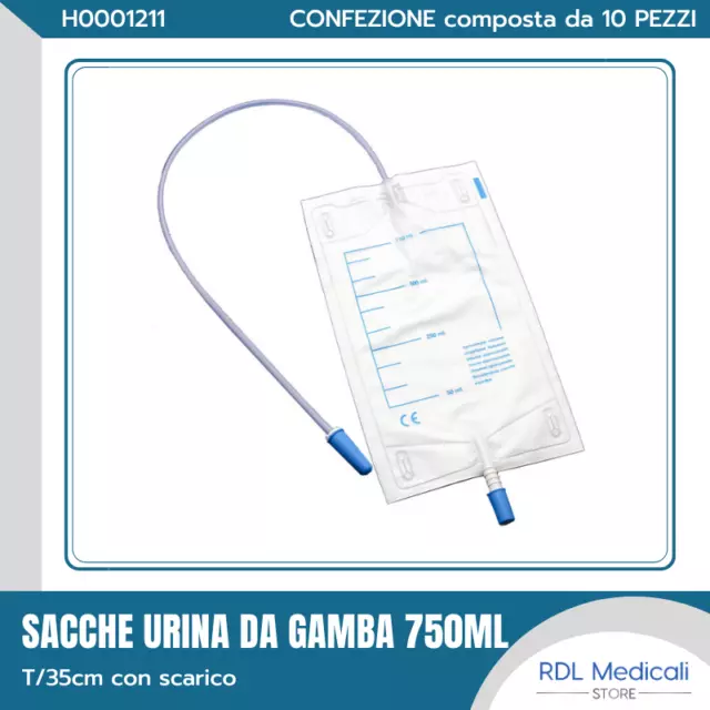 SACCHE URINA 750 ML DA GAMBA NON STERILI TUBO 35 cm CON LACCI - Confezione da 10