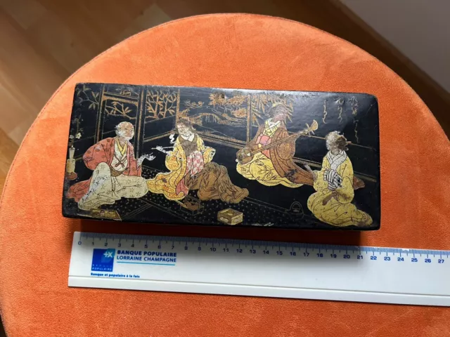 Ancienne boite à stylo plumier en bois boîte écriture décor asiatique