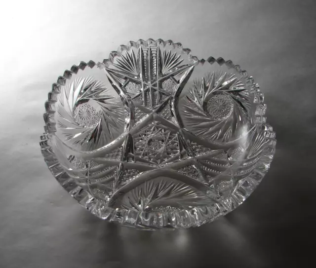 ABP American Brilliant Cut Glass Crystal Shallow Bowl Pinweels Hobstars Fans 7"