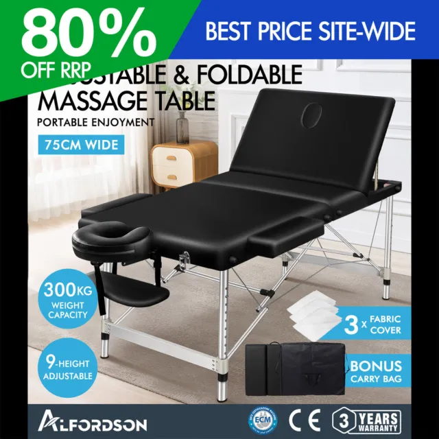 ALFORDSON Massage Table 3 Fold 75cm Portable Aluminium Waxing Bed Therapy