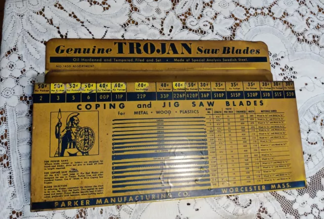 Vintage Tin Litho Advertising Trojan Saw Blades Display for Coping Jigsaw Blades