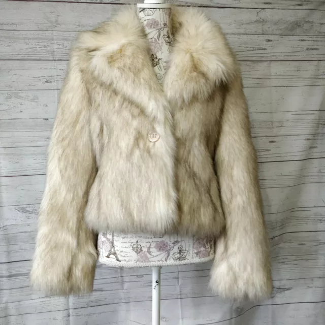 Pixie Lott Lipsy Women's Faux Fur Coat Size UK 10 US 8 Beige Single Button