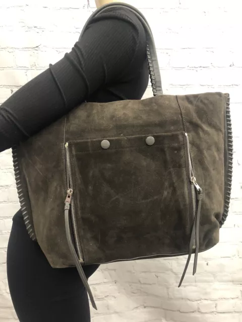 ALLSAINTS FLEUR DE LIS EAST WEST TOTE BAG PRUNE RUST SUEDE LEATHER Retails $328.