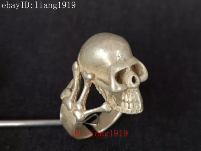 Collection China Tibet Silver Carvings Exorcism Skull Ring Wonderful Decoration 2
