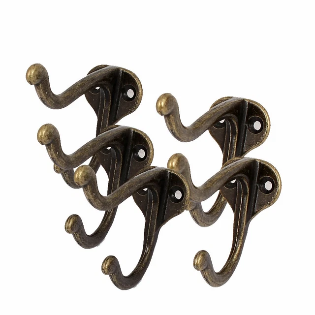 Bedroom Wall Mounted Metal Retro Style Double Hanger Hook Bronze Tone 5pcs
