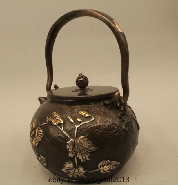 9"Archaic Japan Japanese Iron Lucky flower Kettle Wine Tea Pot Flagon 2