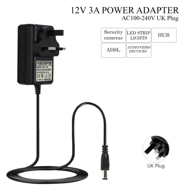 12V 1A/2A/3A DC UK Plug Power Supply Adaptor Transformer for LED Strips CCTV