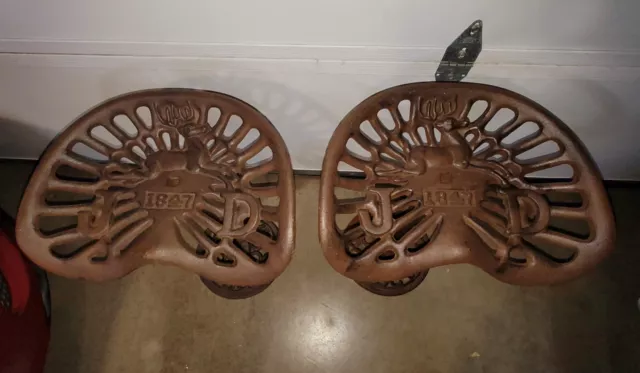 Pair of JOHN DEERE 1847 Tractor Seat Stools - cast iron - Excellent Condition