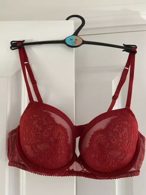 Ladies Autograph M&S Plunge Push Up Bra Underwired Padded Satin/Lace Red 36B