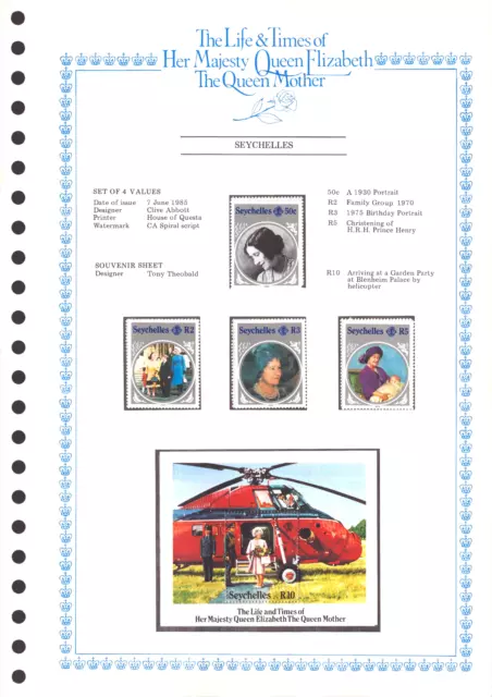 Seychelles - Set Of 4 Stamps On Card - Queen Mother - Questa - 1985