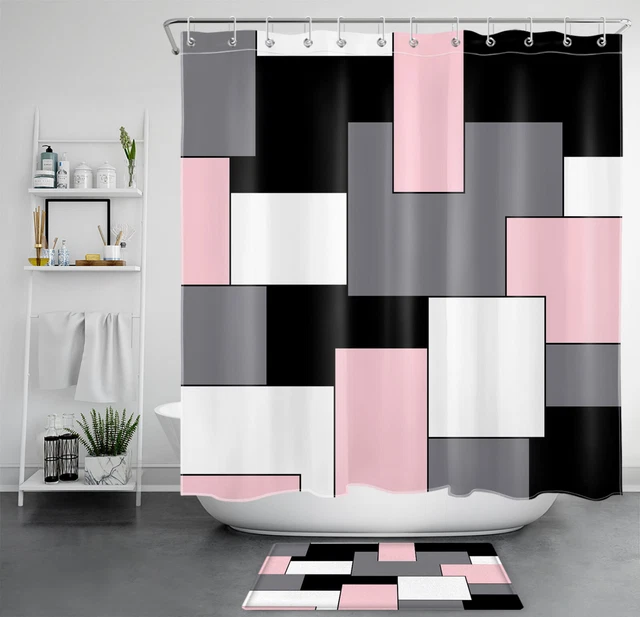 Juego de cortinas de ducha con patrón geométrico rosa en negro y gris para decoración de baño