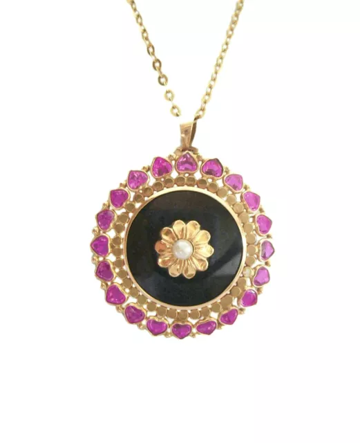 Art Deco Pink Sapphire, Onyx, Pearl & 18K Gold Pendant - France - 20th Century