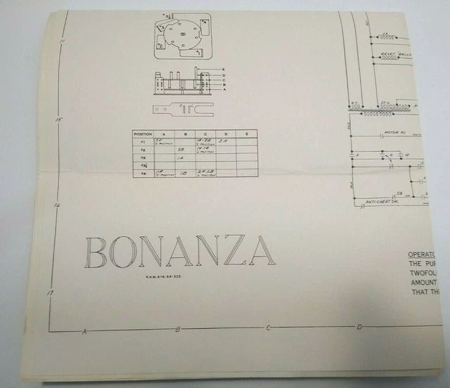 BONANZA PINBALL MACHINE Schematic Wiring Diagram Original 1964 Vintage