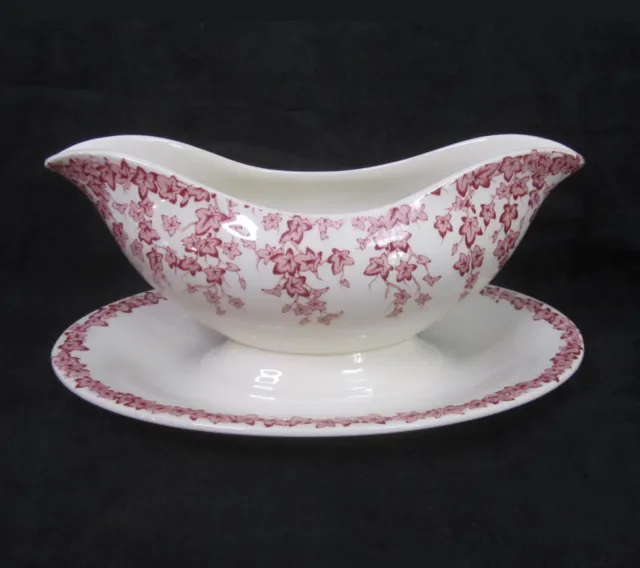 Vintage Corwn Ducal Early English Ivy Red Gravy Boat with Underplate 1930's