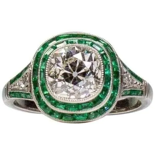 Art Deco Style 2.75Ct Lab-Created Diamond & Emerald Wedding Sterling Silver Ring