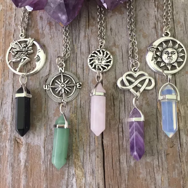 Natural Quartz Crystal Hexagonal Chakra Pendulum Stone Pendant Necklace Jewelry