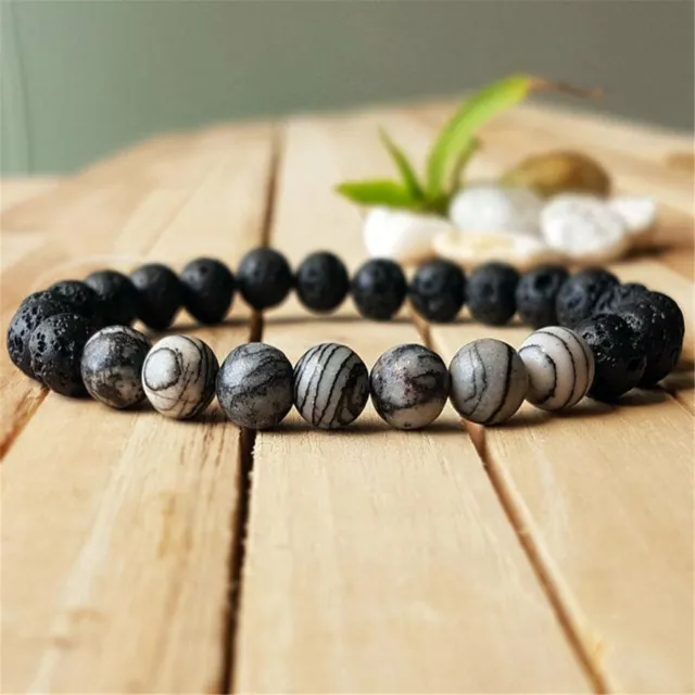 8mm Natural Lava Stone Beads Handmade Bracelet 7.5inch Buddhism Healing Wrist