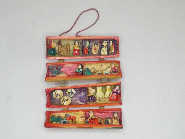 Vintage Bamboo Retablo~Peruvian(?)~Carved Figurines~Four Panels~Fold Up