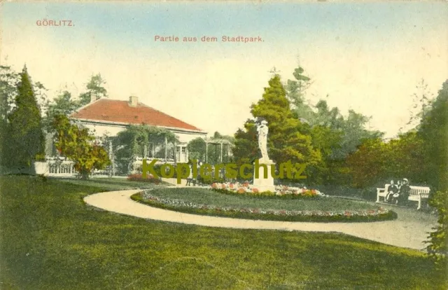 color AK Görlitz; Stadtpark mit Pavillon und Statue, 1914