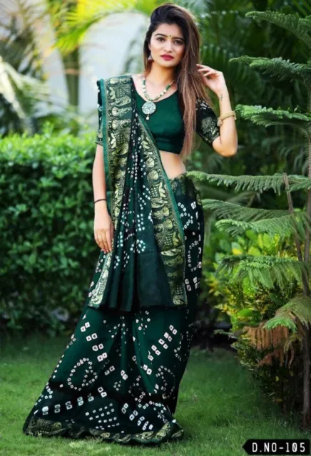 Women's Jacquard Woven Green Bandhani Bandhej Art Silk Saree with Blouse MT985