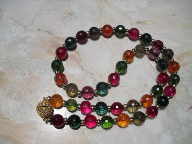 Natural 10mm Faceted Multi-Color Tourmaline Round Gemstone Beads Necklace 18"
