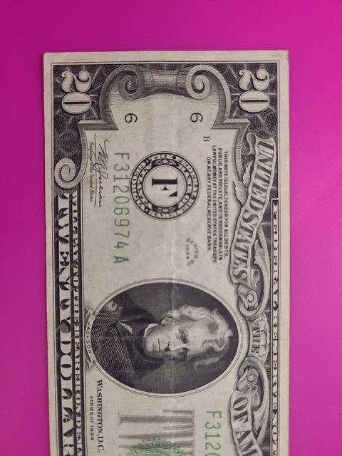 1934 Federal Reserve Note Green Seal $20 Twenty Dollar Note Bill Currency 2