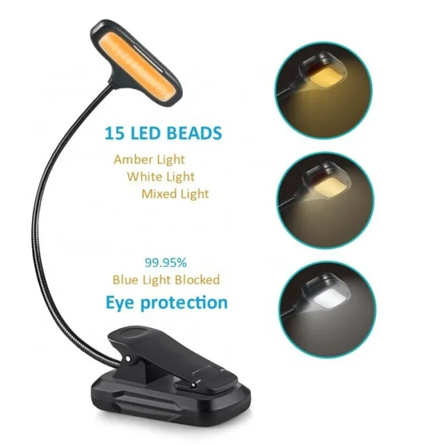 Clip On Book Light, Rechargeable Blue Light Blocking 15 LED Reading Light Lamp