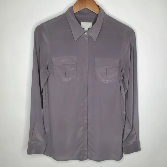 Pure Collection Womens 100% Silk Button Up Blouse Size 4 Gray Pockets Neutral