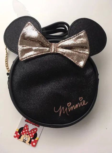 Disney Minnie Mouse Ears Black Glitter Cross Body Handbag With Gold Bow Detail