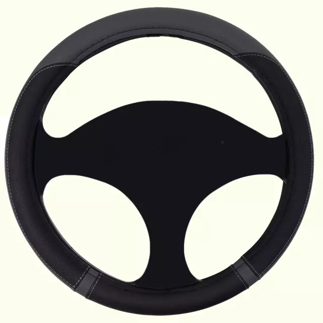 Steering Wheel Cover Universal Fit 37-39cm Black/Grey Leather Look Fitted Glove