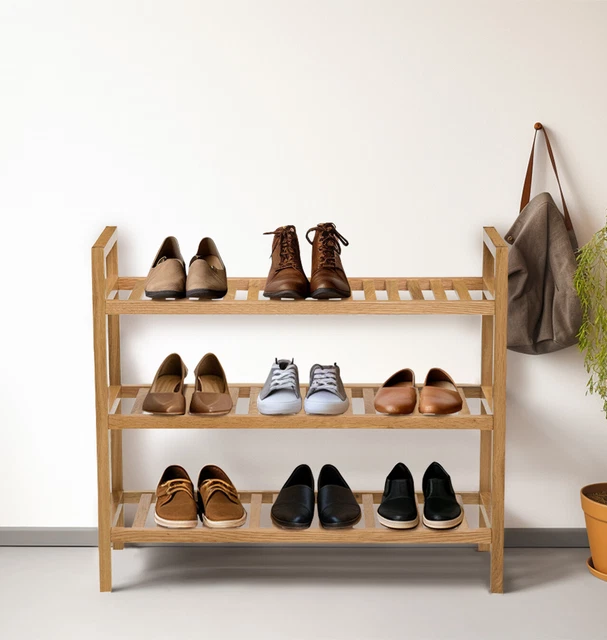 SHOE RACK, 3 Tier Stackable Storage Unit, Wide Organiser, Wooden Shelf ...