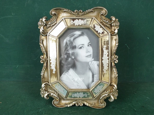 Großer Bilderrahmen Stand Rahmen Silberfarb, Spiegelglas Verziert ca 19 x 24 cm
