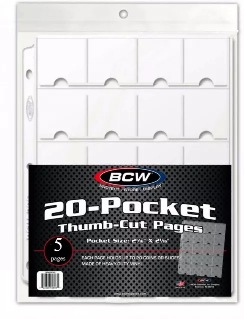 5 BCW Thumb Cut 2x2 Coin Pages HEAVY DUTY PAGES 2x2 Cardboard Flips 20 Pockets