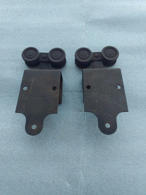 Two (2) Antique RW  Barn Door Rollers Hangers with Brackets Vintage Pair 3