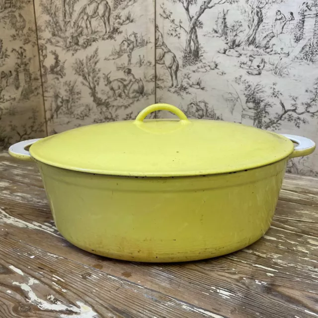Vintage 1950er Jahre Belgien gelbe Emaille und Gusseisen große ovale Kasserole