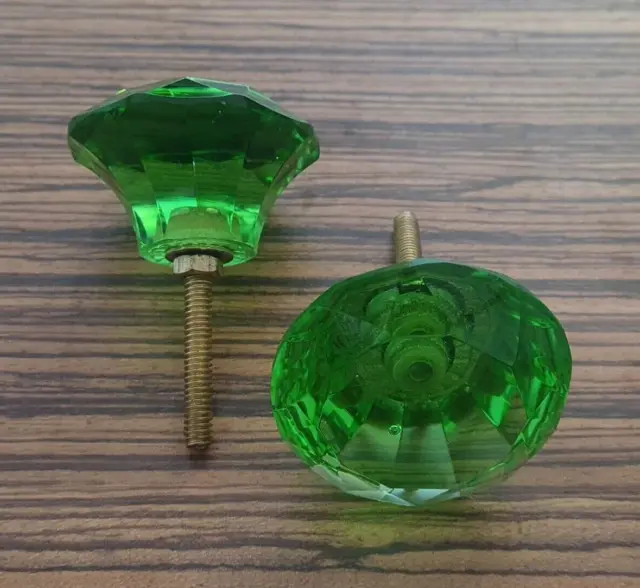 vtg Green large victorion diamond cut glass drawer knob handle pull 2.2" set 2PC